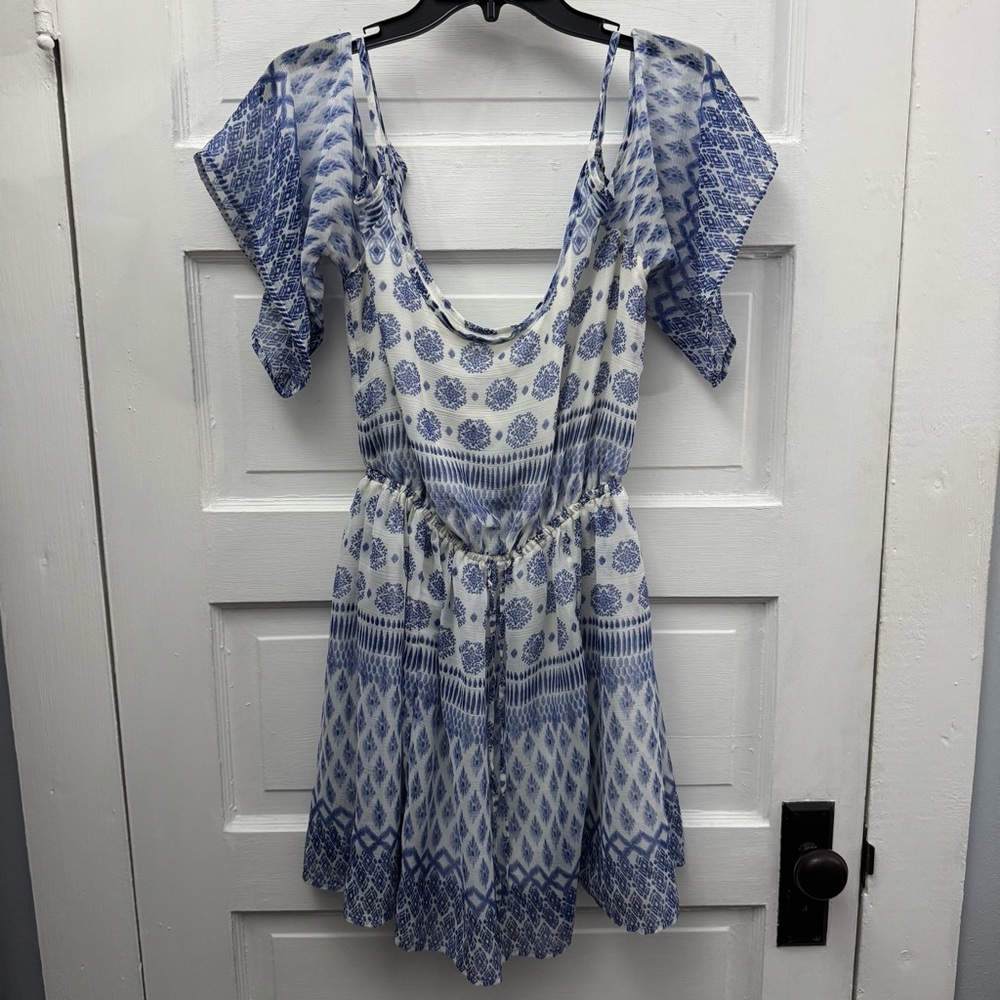 Hollister Blue White Boho Flutter Sleeve Empire Waist Dress M - Picture 1 of 7
